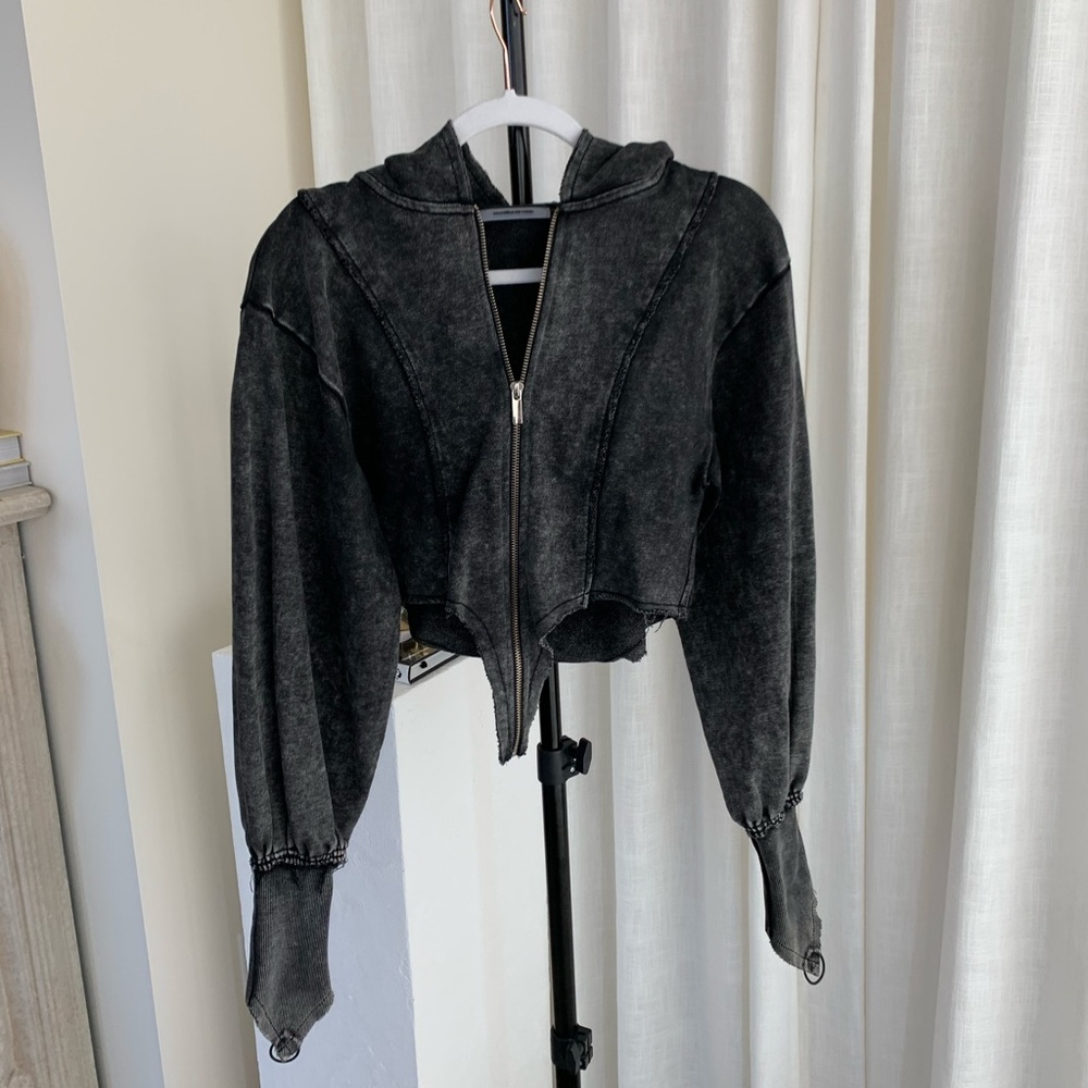 Black Distressed Crop Zip Up Hoodie